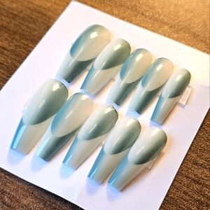 24 pcs green cat eye white long coffin press on Nails ombre